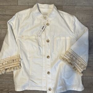 Chico's Womens Size 3 White Long sleeve Tassel LINEN BLEND Cardigan Jacket